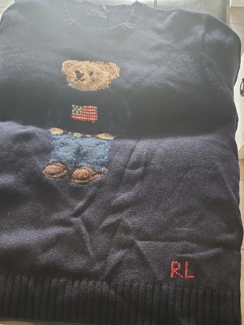 Polo by Ralph Lauren Navy Crewneck Sweater with Tan Bear Patch - Picture 2 of 4